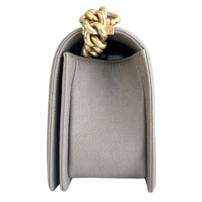 Chanel Boy Medium - Caviar 25CM Quilted Light Grey Gray Gold Hardware Series 26