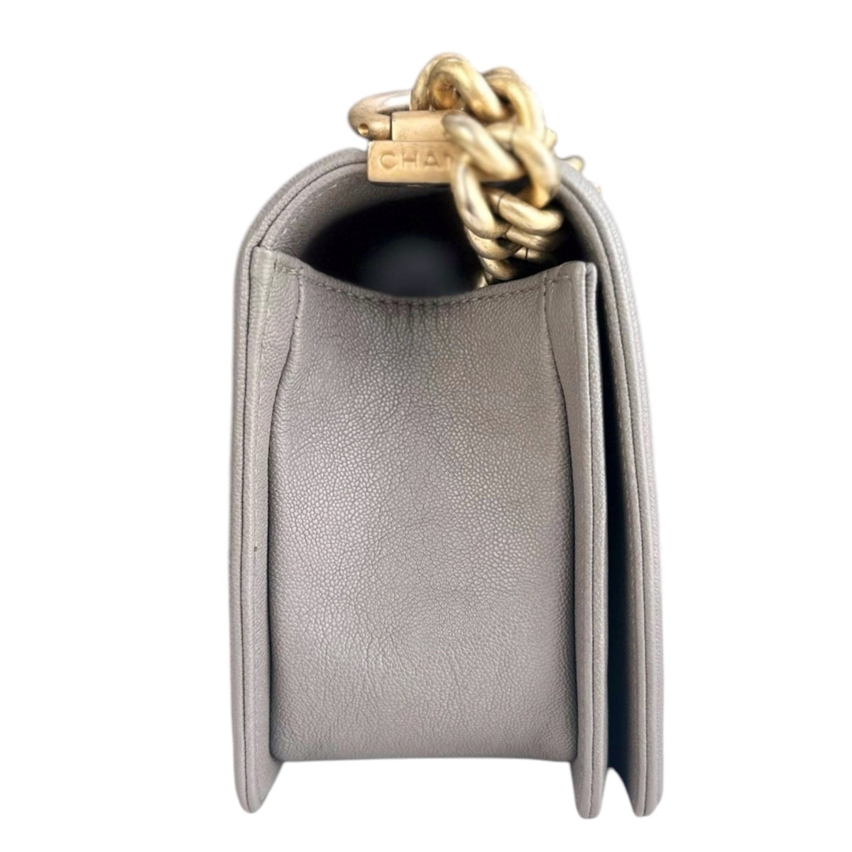 Chanel Boy Medium - Caviar 25CM Quilted Light Grey Gray Gold Hardware Series 26