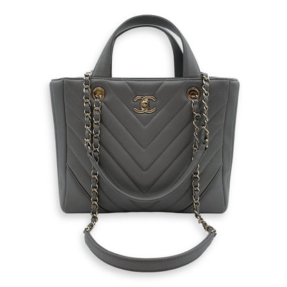 Chevron Print Seasonal Tote 25x21x9cm Grey Shoulder Bag in Lambskin, Gold hardware