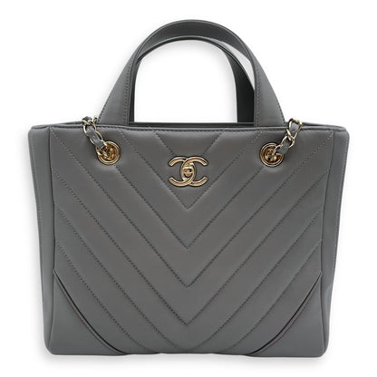 Chevron Print Seasonal Tote 25x21x9cm Grey Shoulder Bag in Lambskin, Gold hardware