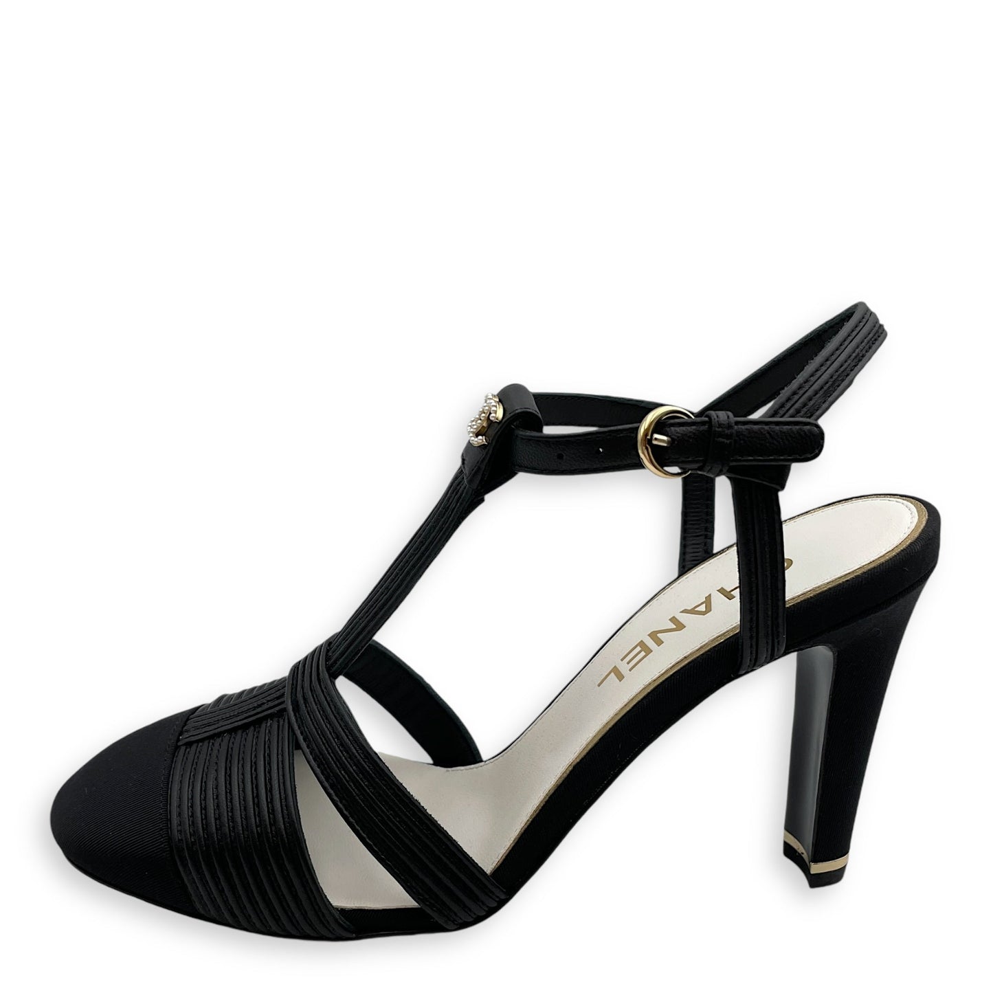 Pearl CC Strappy (10cm) 37.5C Black Heels in Lambskin, grosgrain, pearls, Gold hardware