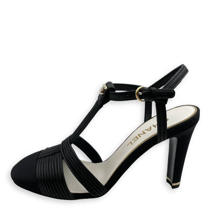 Pearl CC Strappy (10cm) 37.5C Black Heels in Lambskin, grosgrain, pearls, Gold hardware