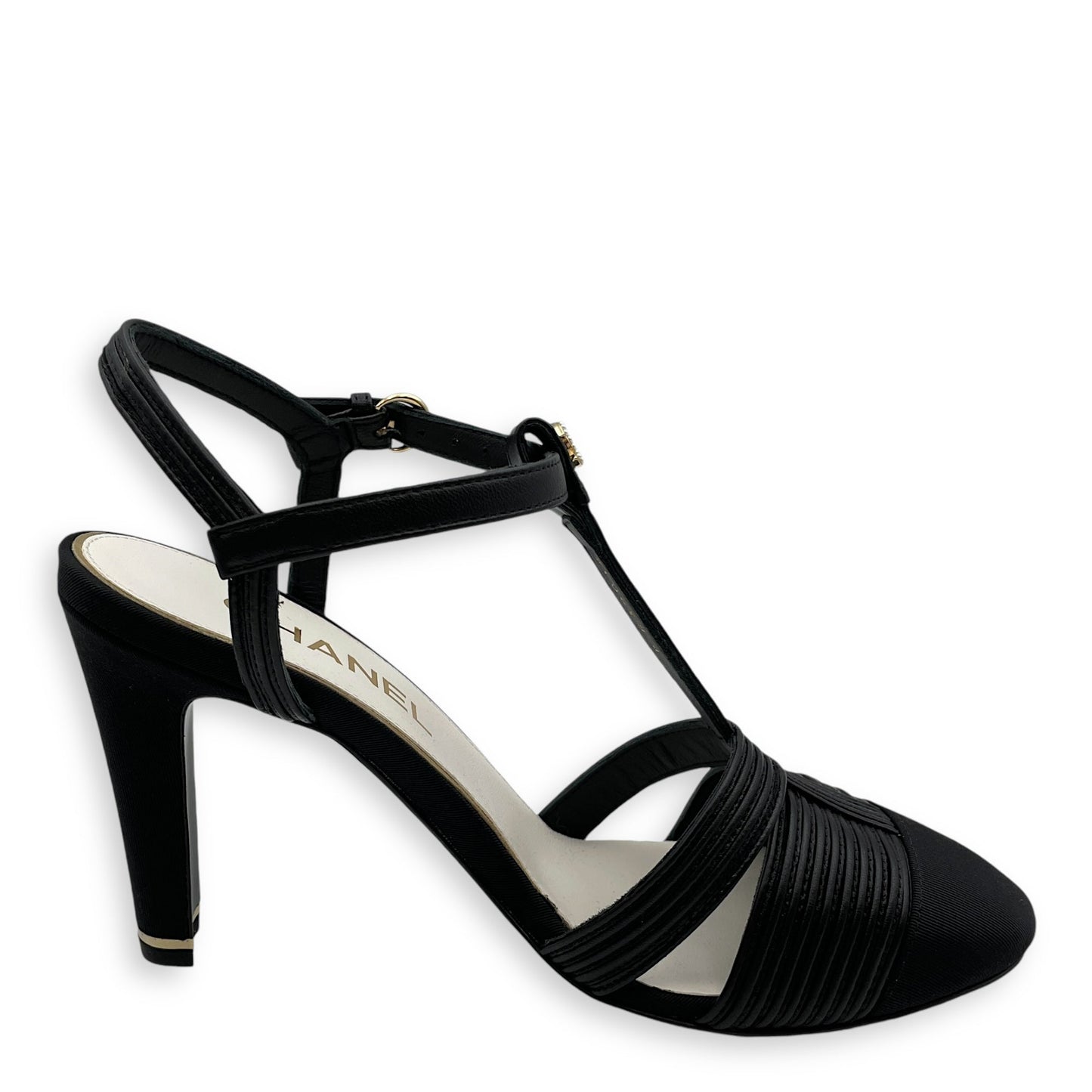 Pearl CC Strappy (10cm) 37.5C Black Heels in Lambskin, grosgrain, pearls, Gold hardware