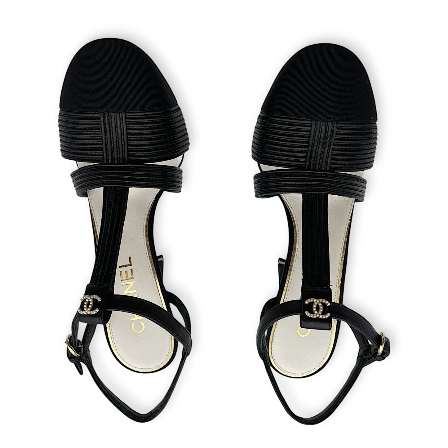 Pearl CC Strappy (10cm) 37.5C Black Heels in Lambskin, grosgrain, pearls, Gold hardware