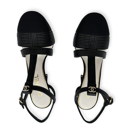 Pearl CC Strappy (10cm) 37.5C Black Heels in Lambskin, grosgrain, pearls, Gold hardware