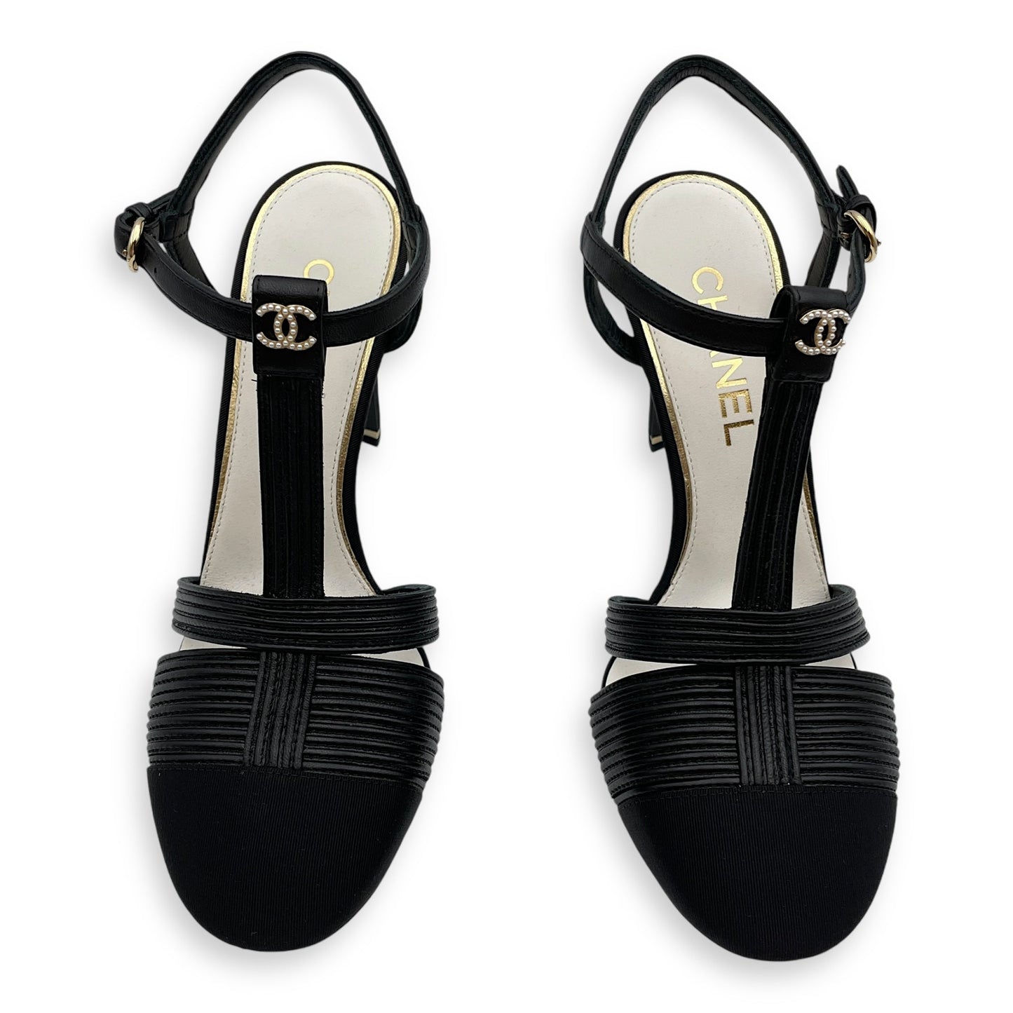 Pearl CC Strappy (10cm) 37.5C Black Heels in Lambskin, grosgrain, pearls, Gold hardware