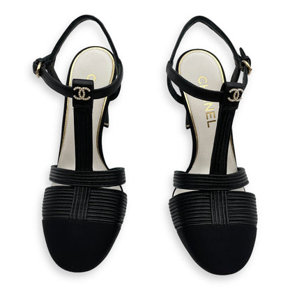 Pearl CC Strappy (10cm) 37.5C Black Heels in Lambskin, grosgrain, pearls, Gold hardware