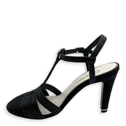 Pearl CC Strappy (10cm) 37.5C Black Heels in Lambskin, grosgrain, pearls, Gold hardware