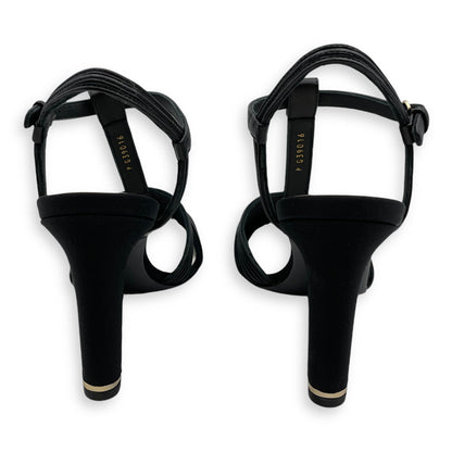 Pearl CC Strappy (10cm) 37.5C Black Heels in Lambskin, grosgrain, pearls, Gold hardware