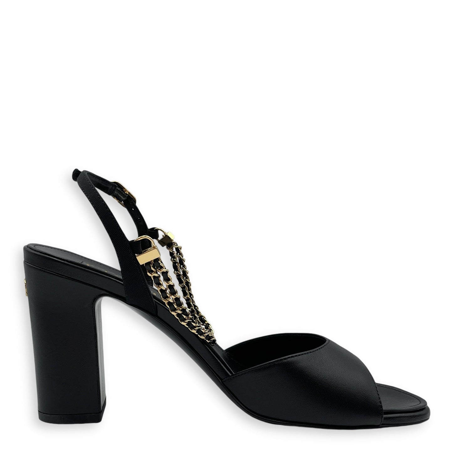 CC Chain Slingback (10cm) 37.5C Black Heels in Lambskin, Gold hardware