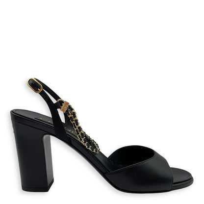 CC Chain Slingback (10cm) 37.5C Black Heels in Lambskin, Gold hardware