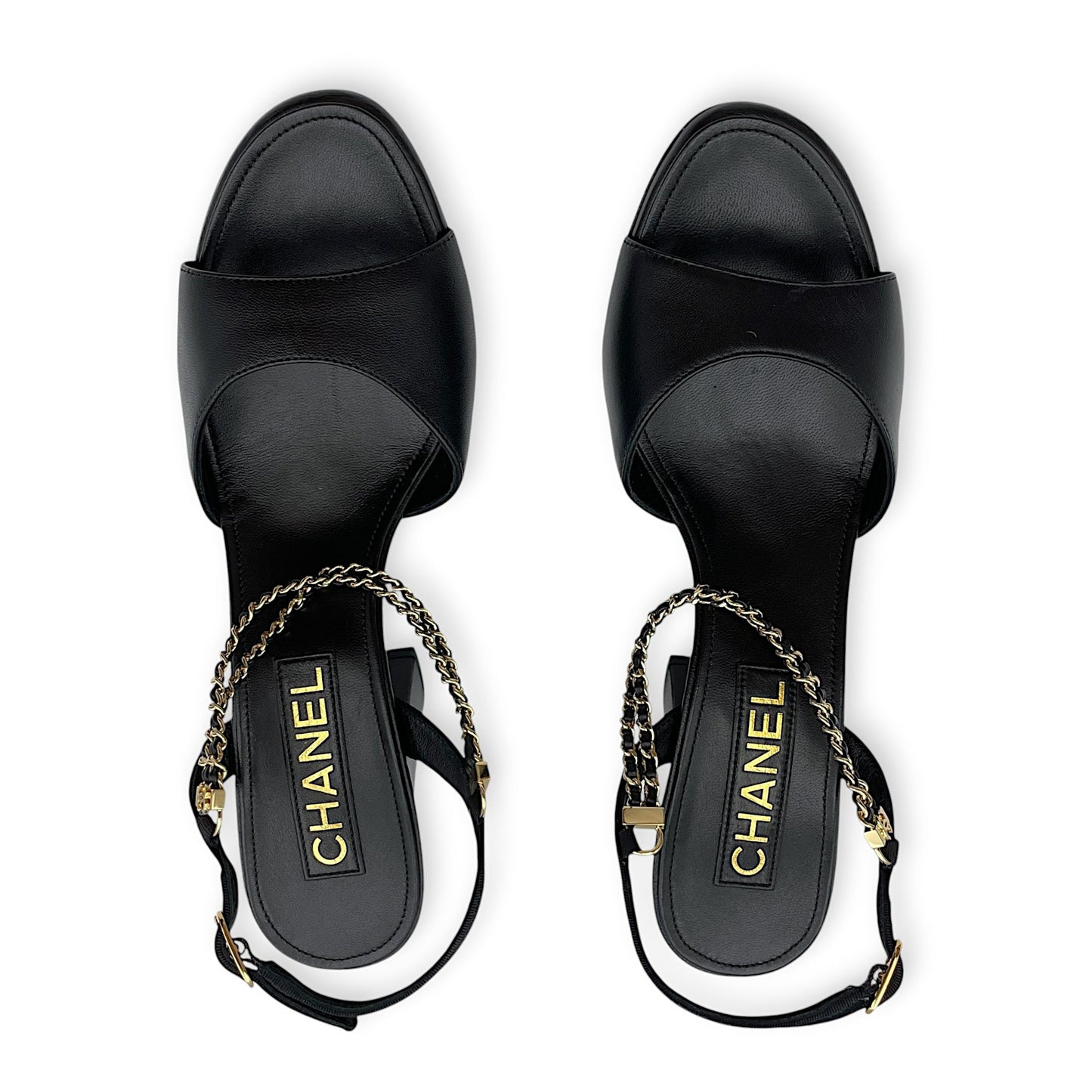 CC Chain Slingback (10cm) 37.5C Black Heels in Lambskin, Gold hardware