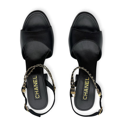 CC Chain Slingback (10cm) 37.5C Black Heels in Lambskin, Gold hardware
