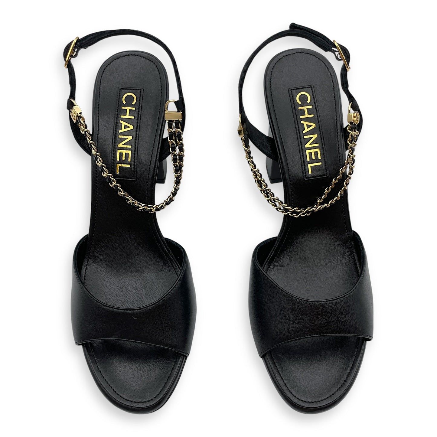 CC Chain Slingback (10cm) 37.5C Black Heels in Lambskin, Gold hardware