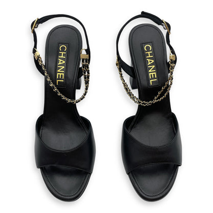 CC Chain Slingback (10cm) 37.5C Black Heels in Lambskin, Gold hardware