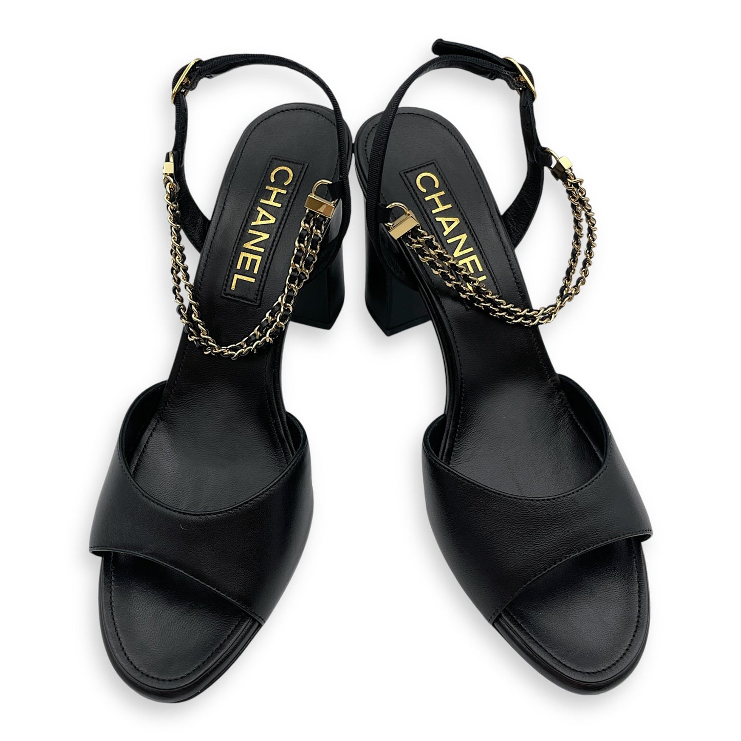 CC Chain Slingback (10cm) 37.5C Black Heels in Lambskin, Gold hardware