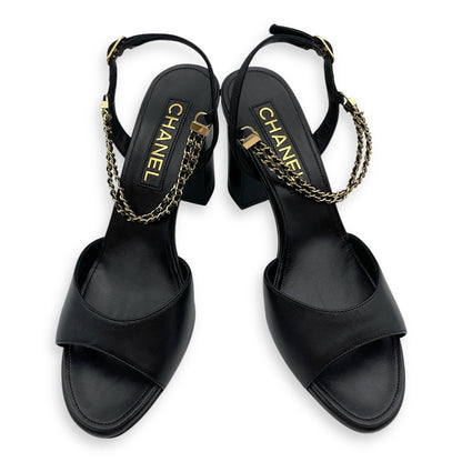 CC Chain Slingback (10cm) 37.5C Black Heels in Lambskin, Gold hardware