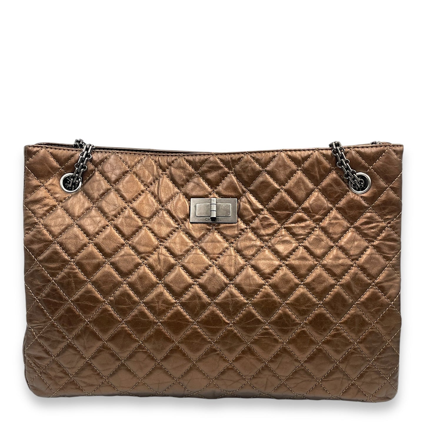 Reissue Shopping Tote 36x25x9cm Brown Shoulder Bag in Distressed Leather, Ruthenium-finish Brass hardware