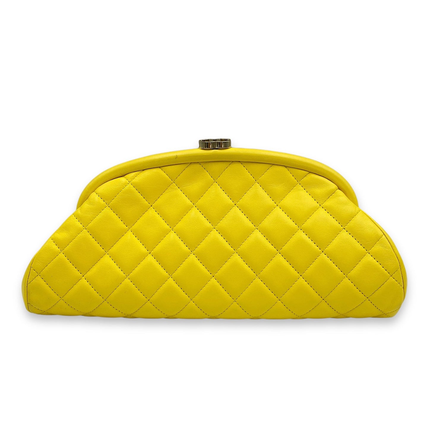 Kisslock Timeless Yellow Clutch in Lambskin, Gold hardware