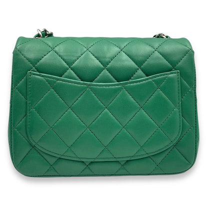 Classic Square Mini Green Crossbody Bag in Lambskin, Silver hardware