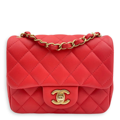Classic Mini Square Mini Red Crossbody Bag in Lambskin, Gold hardware