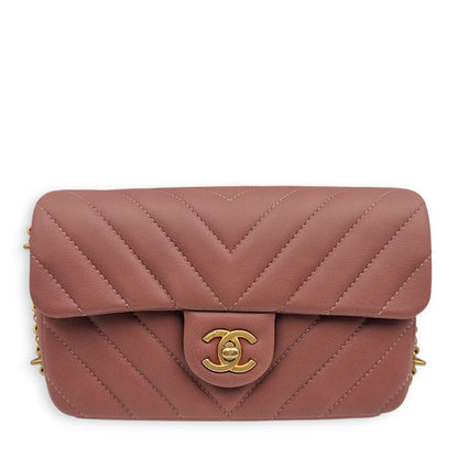 Chain Around Chevron Mini Flap 21x14x6cm Dusty Rose Crossbody Bag in Lambskin, Gold hardware