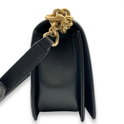 Quilted Boy (25cm) Medium Black Shoulder Bag in Caviar Leather, Guilloche hardware