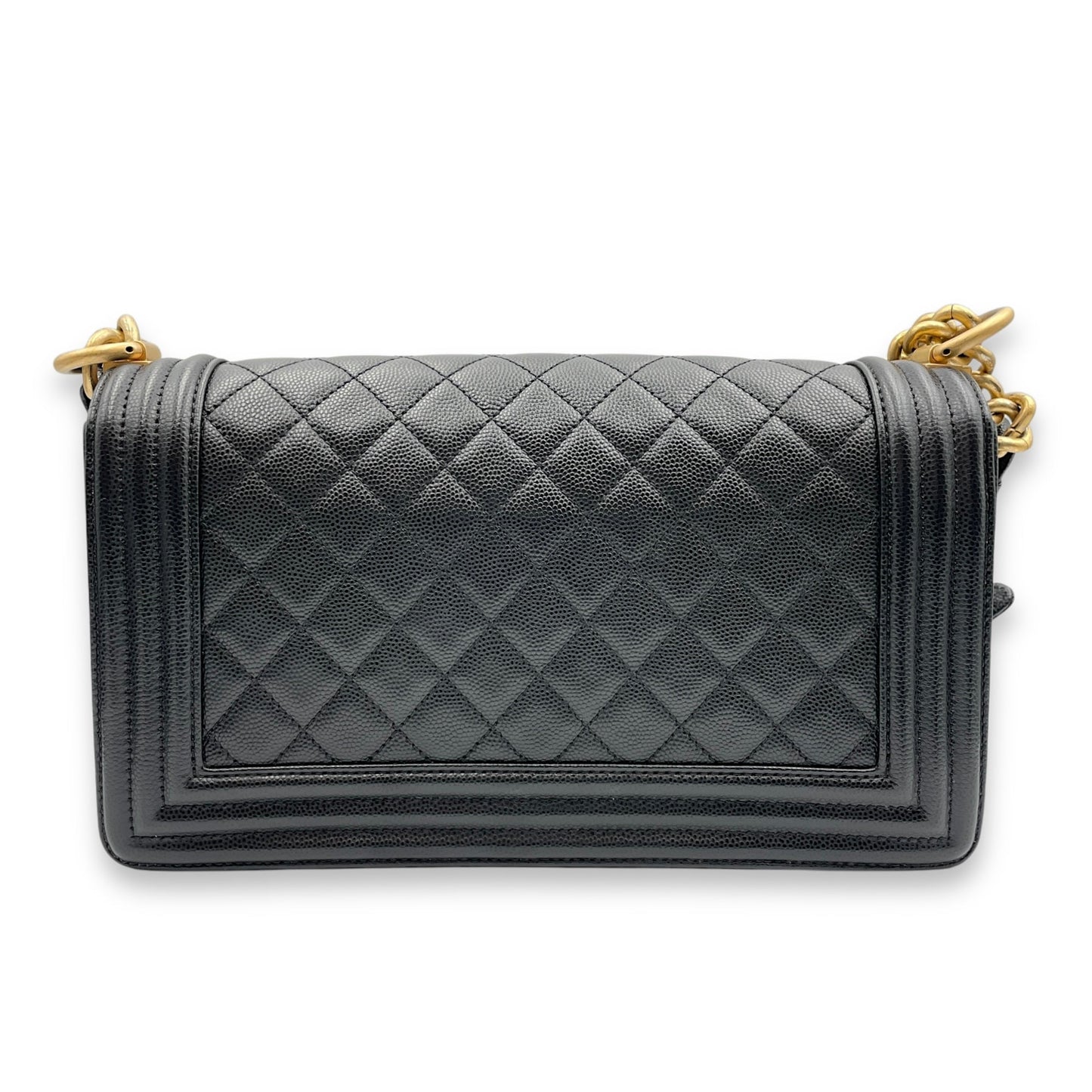 Quilted Boy (25cm) Medium Black Shoulder Bag in Caviar Leather, Guilloche hardware