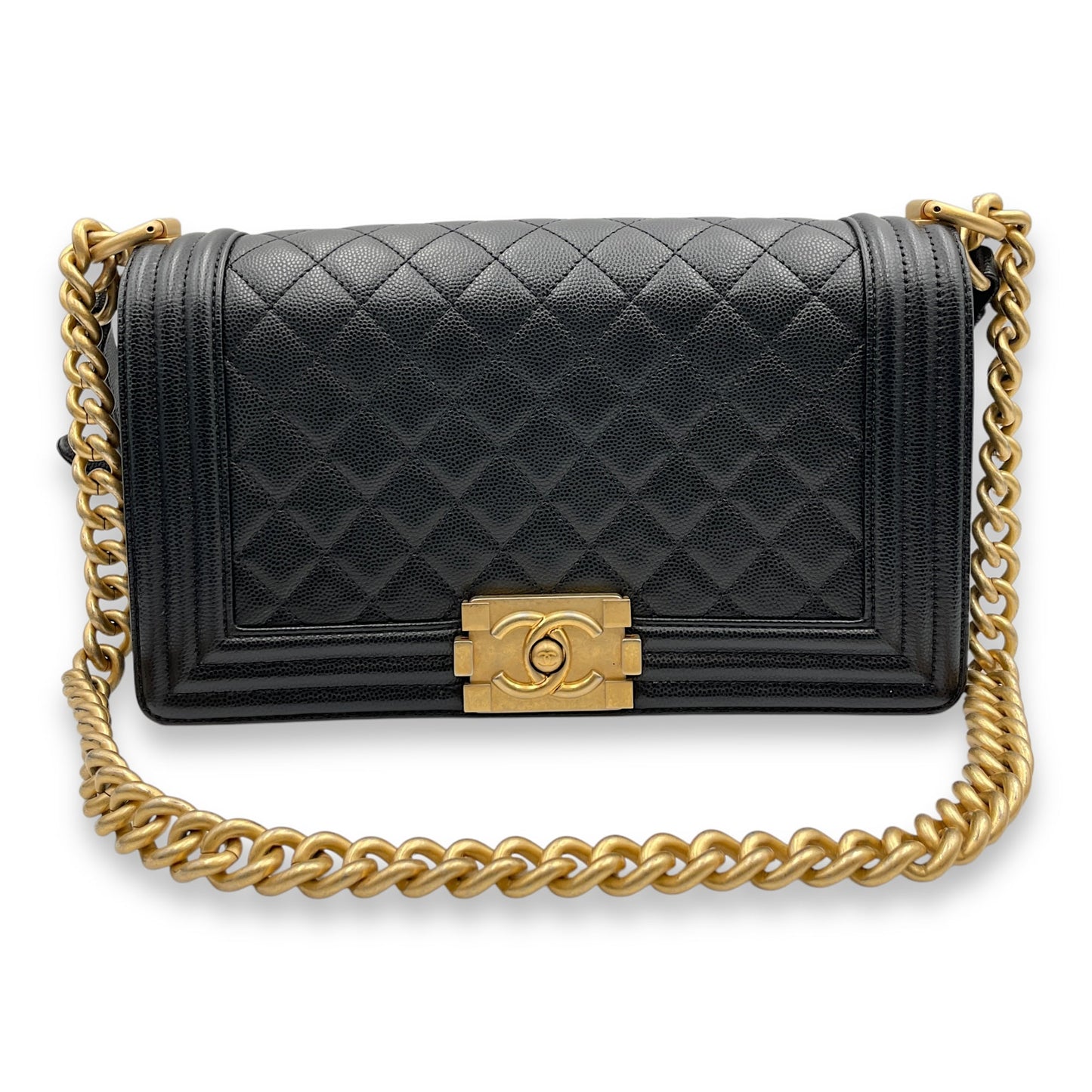 Quilted Boy (25cm) Medium Black Shoulder Bag in Caviar Leather, Guilloche hardware