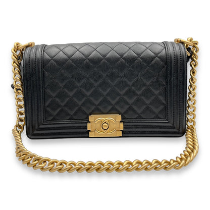 Quilted Boy (25cm) Medium Black Shoulder Bag in Caviar Leather, Guilloche hardware