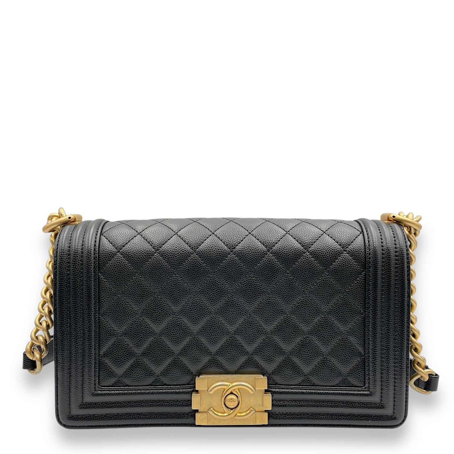 Quilted Boy (25cm) Medium Black Shoulder Bag in Caviar Leather, Guilloche hardware