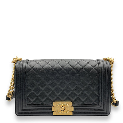 Quilted Boy (25cm) Medium Black Shoulder Bag in Caviar Leather, Guilloche hardware