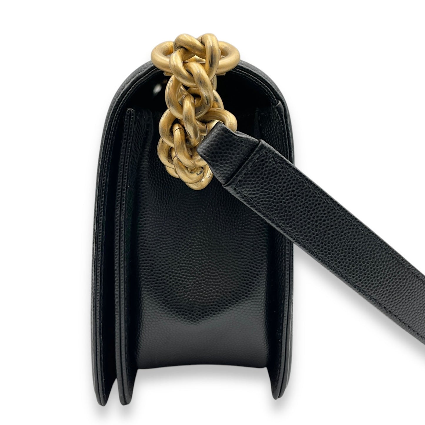 Quilted Boy (25cm) Medium Black Shoulder Bag in Caviar Leather, Guilloche hardware