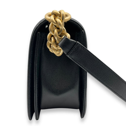 Quilted Boy (25cm) Medium Black Shoulder Bag in Caviar Leather, Guilloche hardware