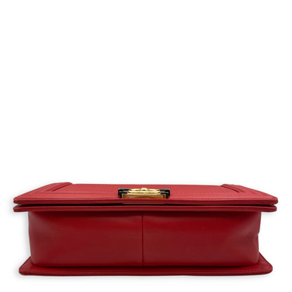 Cube Embossed Boy Medium (28cm) Red, Cream Crossbody Bag in Calfskin, Gold hardware