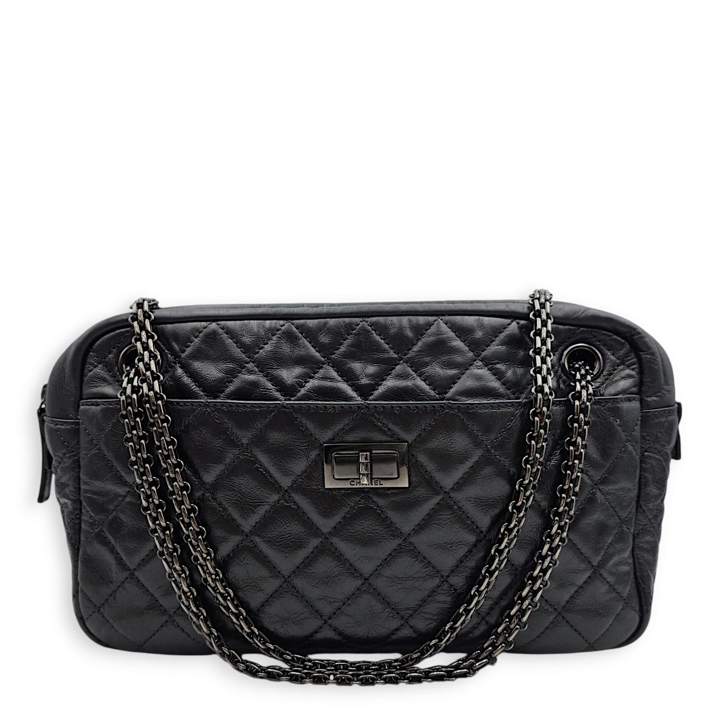 2.55 Reissue Camera Bag 28x18x8cm Black Shoulder Bag in Distressed Leather, Black chrome hardware