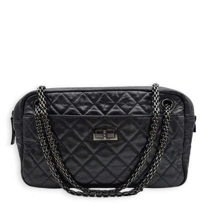 2.55 Reissue Camera Bag 28x18x8cm Black Shoulder Bag in Distressed Leather, Black chrome hardware