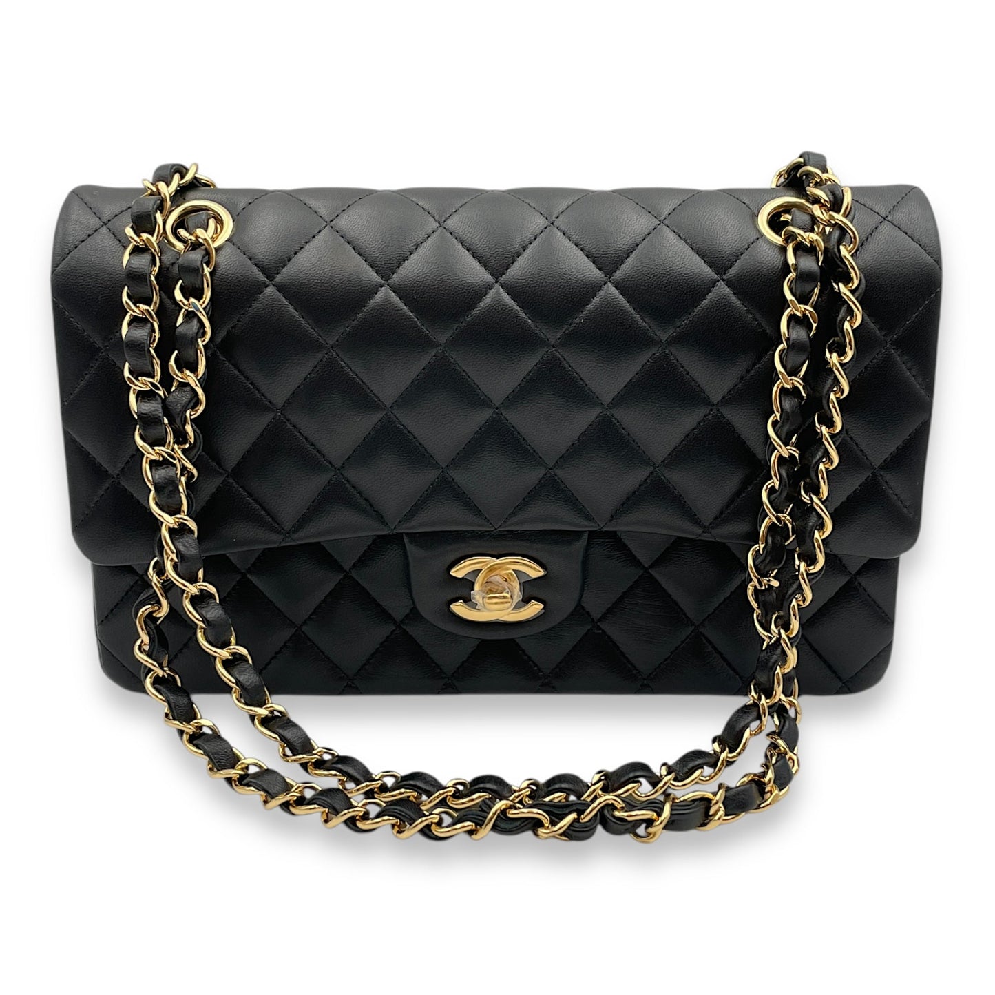 Classic (DF) Medium Black Shoulder Bag in Lambskin, Gold hardware