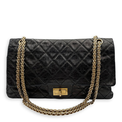 2.55 Reissue (31cm) Black Shoulder Bag in Distressed Leather, Gold hardware