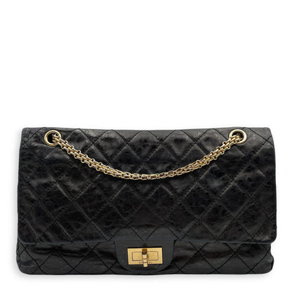 2.55 Reissue (31cm) Black Shoulder Bag in Distressed Leather, Gold hardware