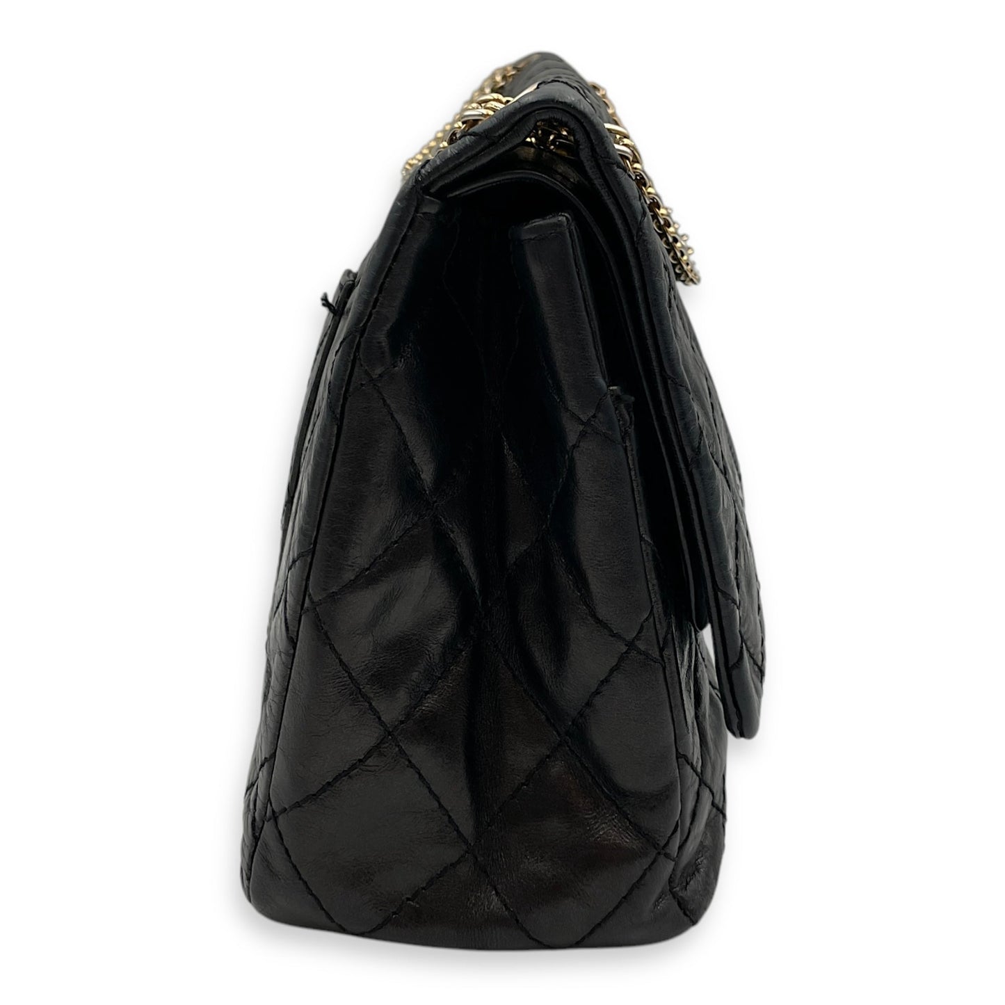 2.55 Reissue (31cm) Black Shoulder Bag in Distressed Leather, Gold hardware