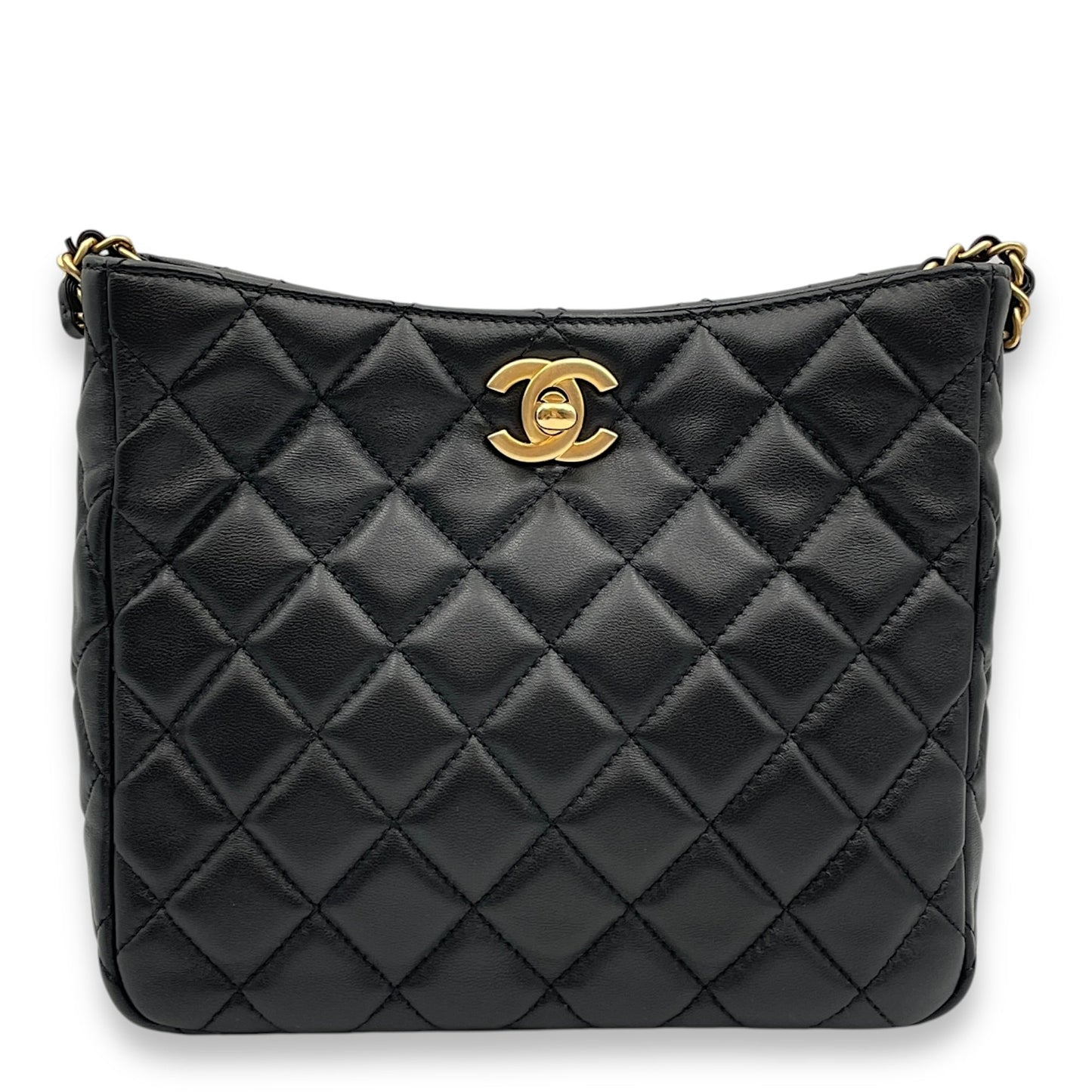 Pearl Crush Seasonal Black Crossbody Bag in Lambskin, Gold hardware