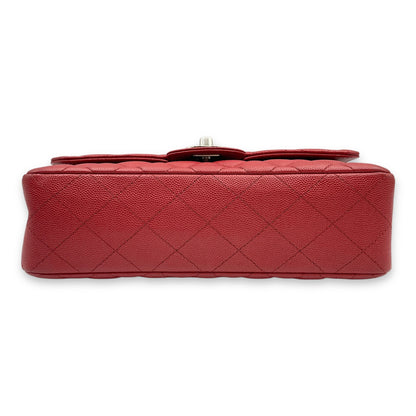 Classic Double Flap Small Red Shoulder Bag in Caviar Leather, Silver hardware