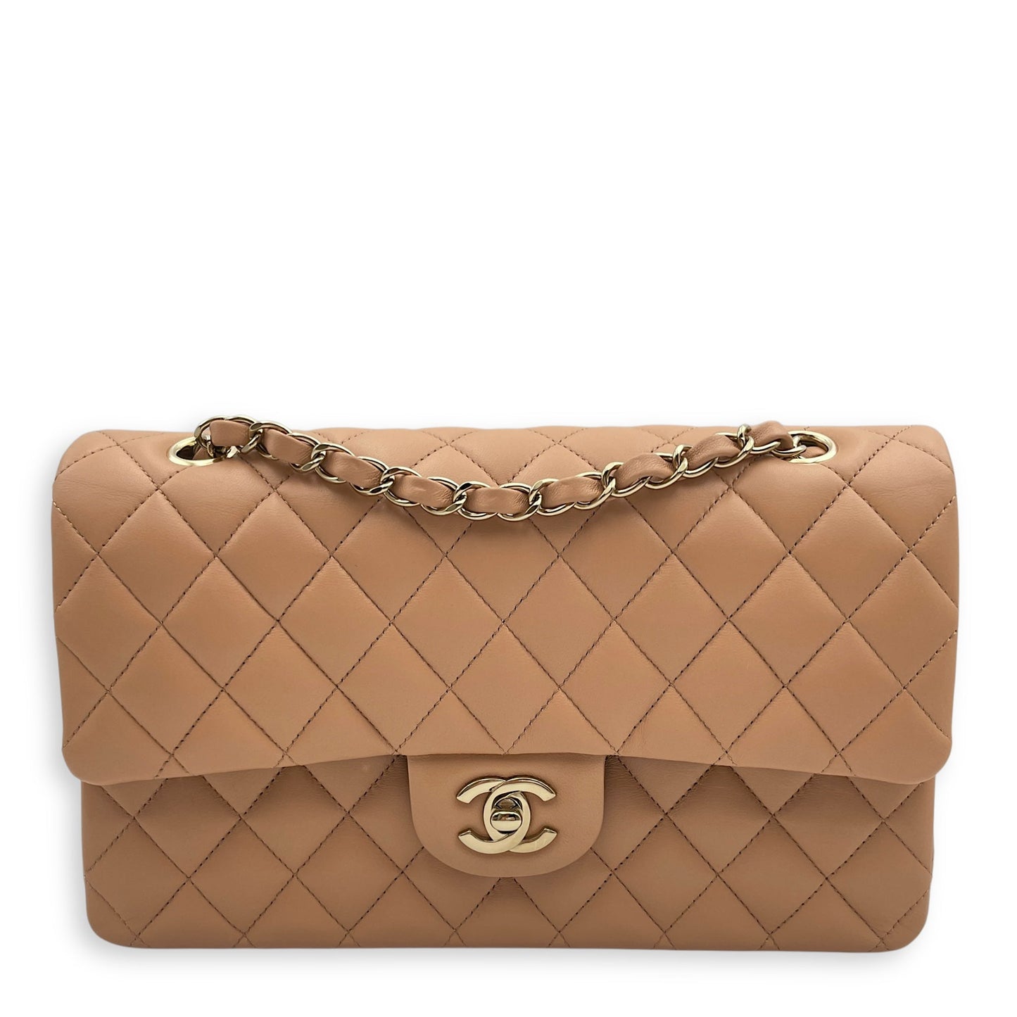 Classic Double Flap Medium Beige Shoulder Bag in Lambskin, Gold hardware