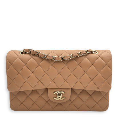 Classic Double Flap Medium Beige Shoulder Bag in Lambskin, Gold hardware