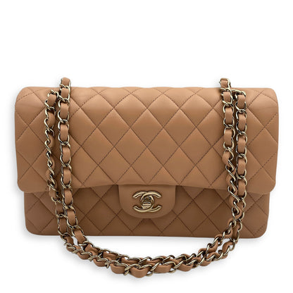 Classic Double Flap Medium Beige Shoulder Bag in Lambskin, Gold hardware
