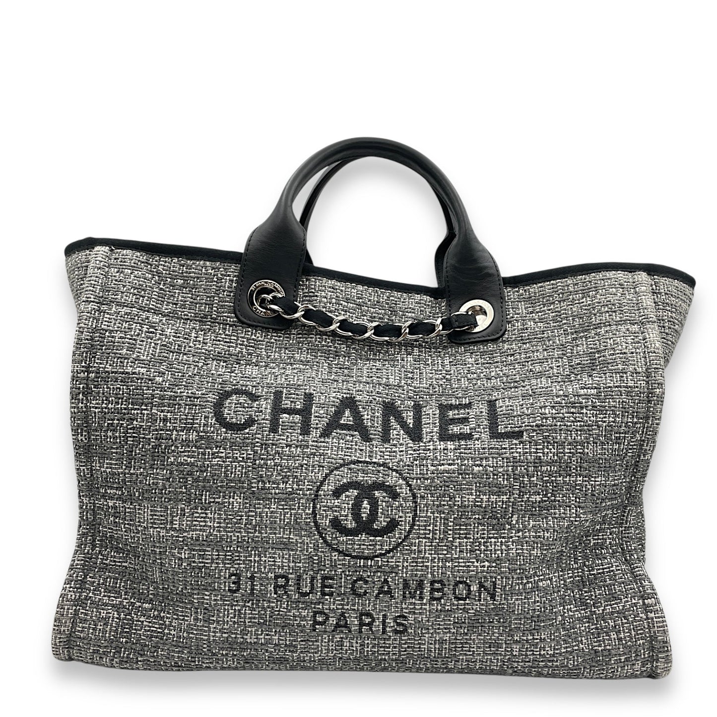 Deauville Large Grey/Black Tote Bag in Tweed, calf, Silver hardware