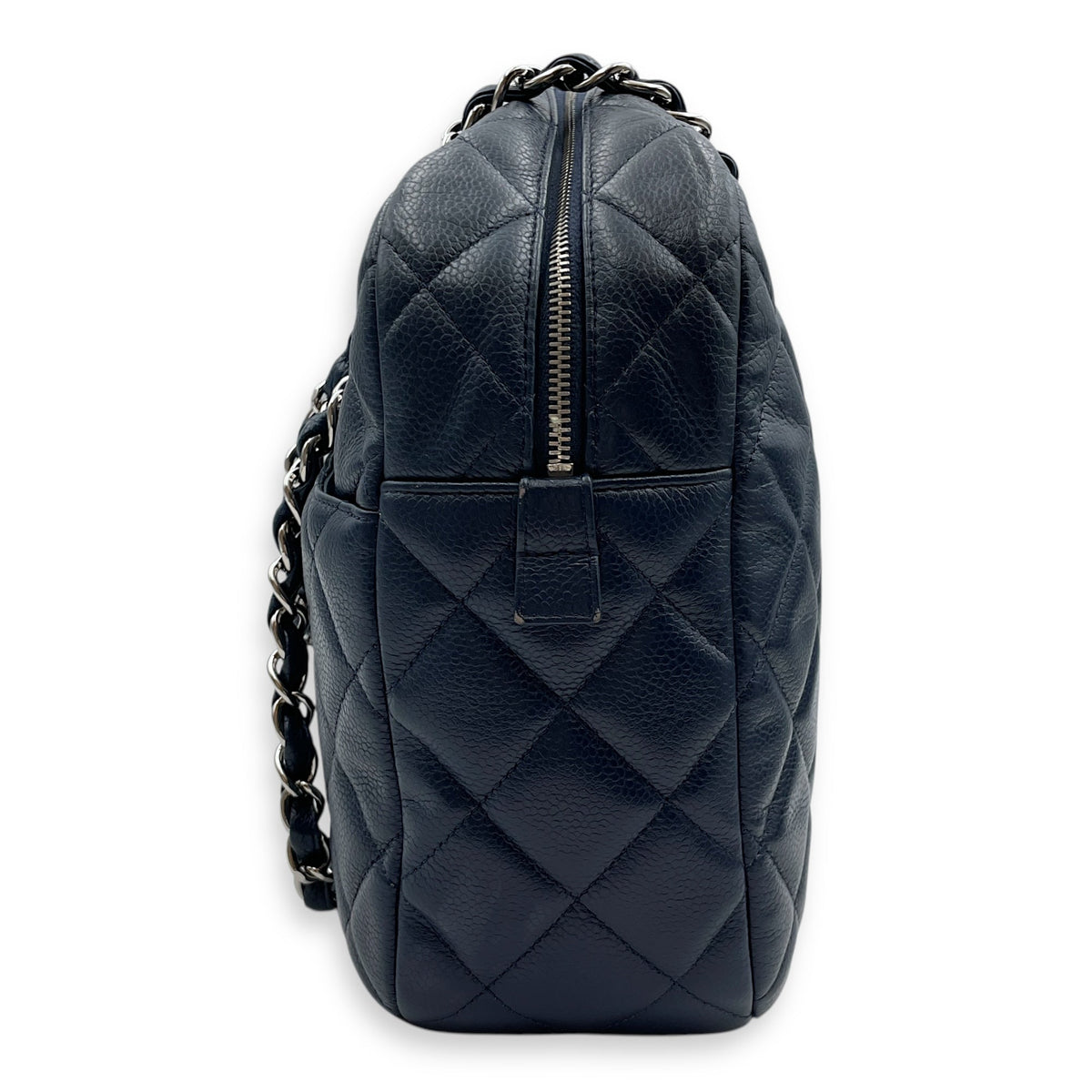 Cc Quilted Camera Bag 30x22x9cm Navy Blue Shoulder Bag in Caviar Leather, Silver hardware