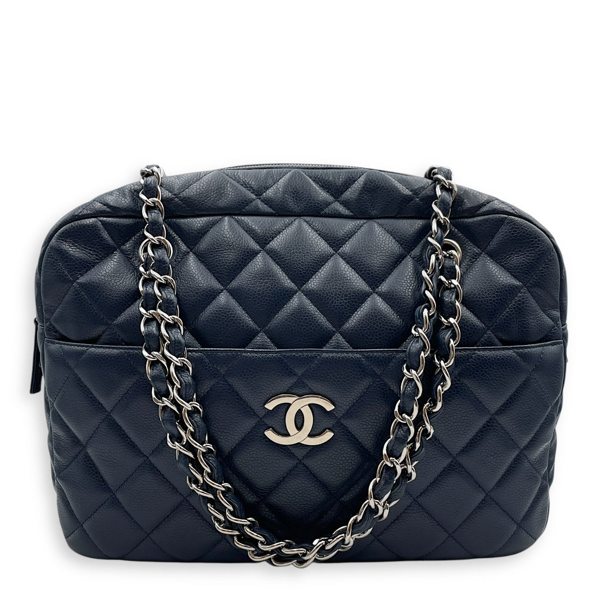 Cc Quilted Camera Bag 30x22x9cm Navy Blue Shoulder Bag in Caviar Leather, Silver hardware