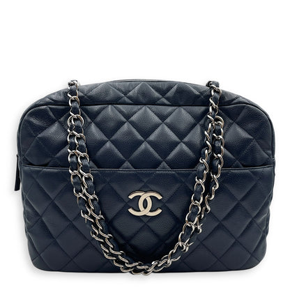 Cc Quilted Camera Bag 30x22x9cm Navy Blue Shoulder Bag in Caviar Leather, Silver hardware